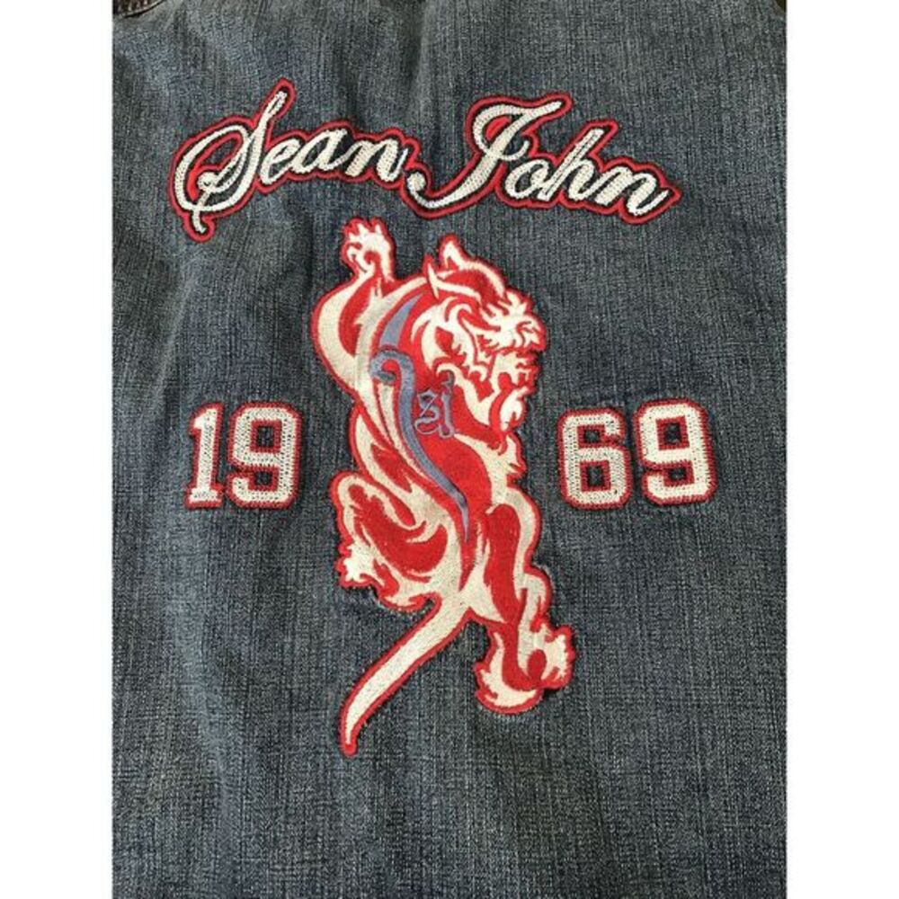 Awesome !!! Sean John Black‎ Denim Jacket Size XXL Embroidered LION On Back